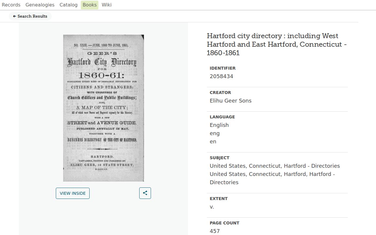 Hartford County city directory 1860-1861 digitized volume on FamilySearch