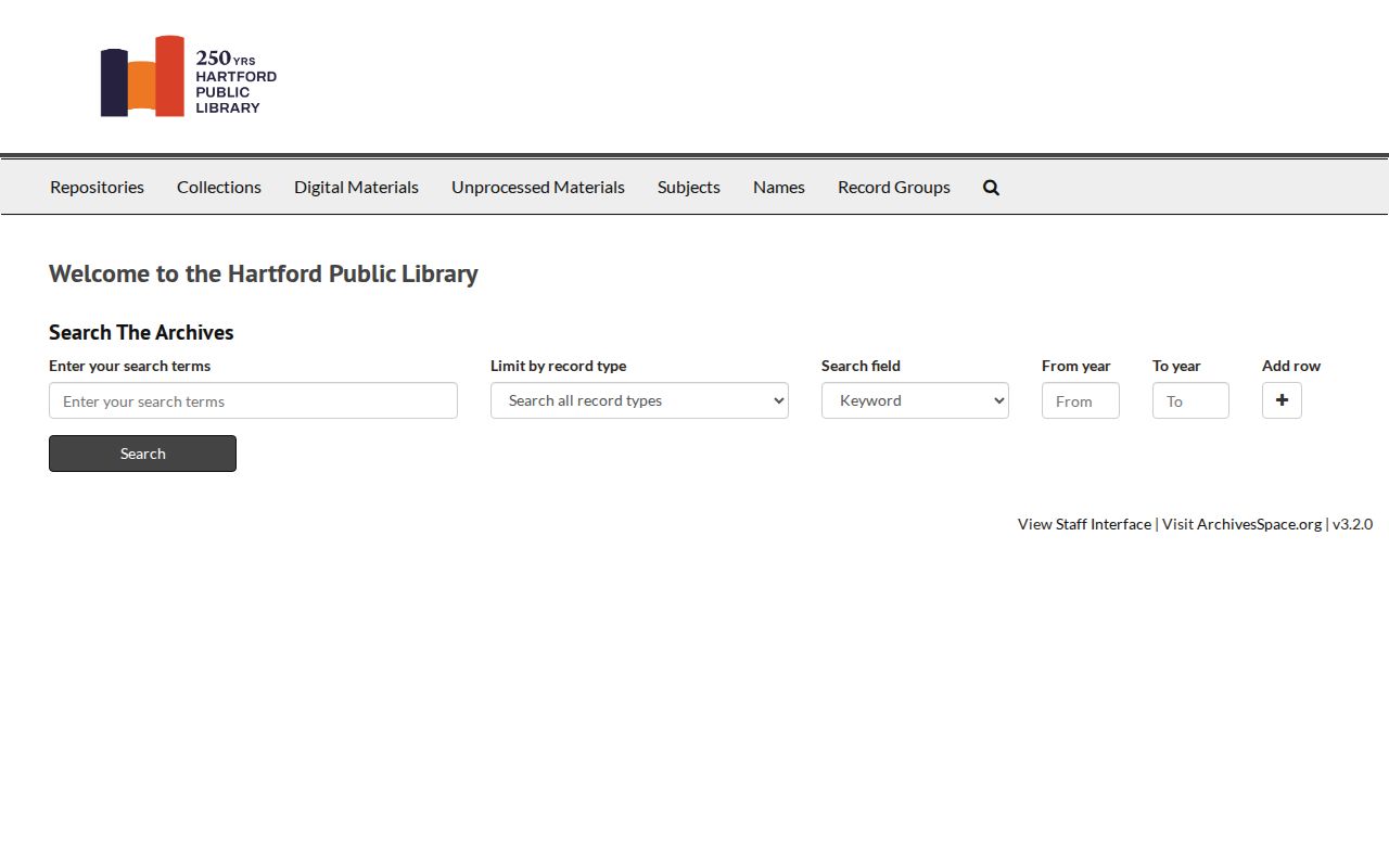 Hartford County city directory archival search fields in HPL ArchivesSpace