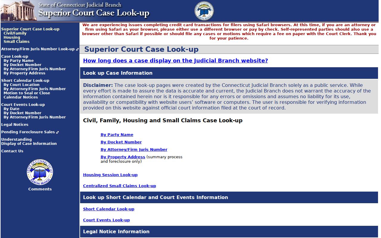 Hartford County residents directory view of Connecticut civil and family case lookup
