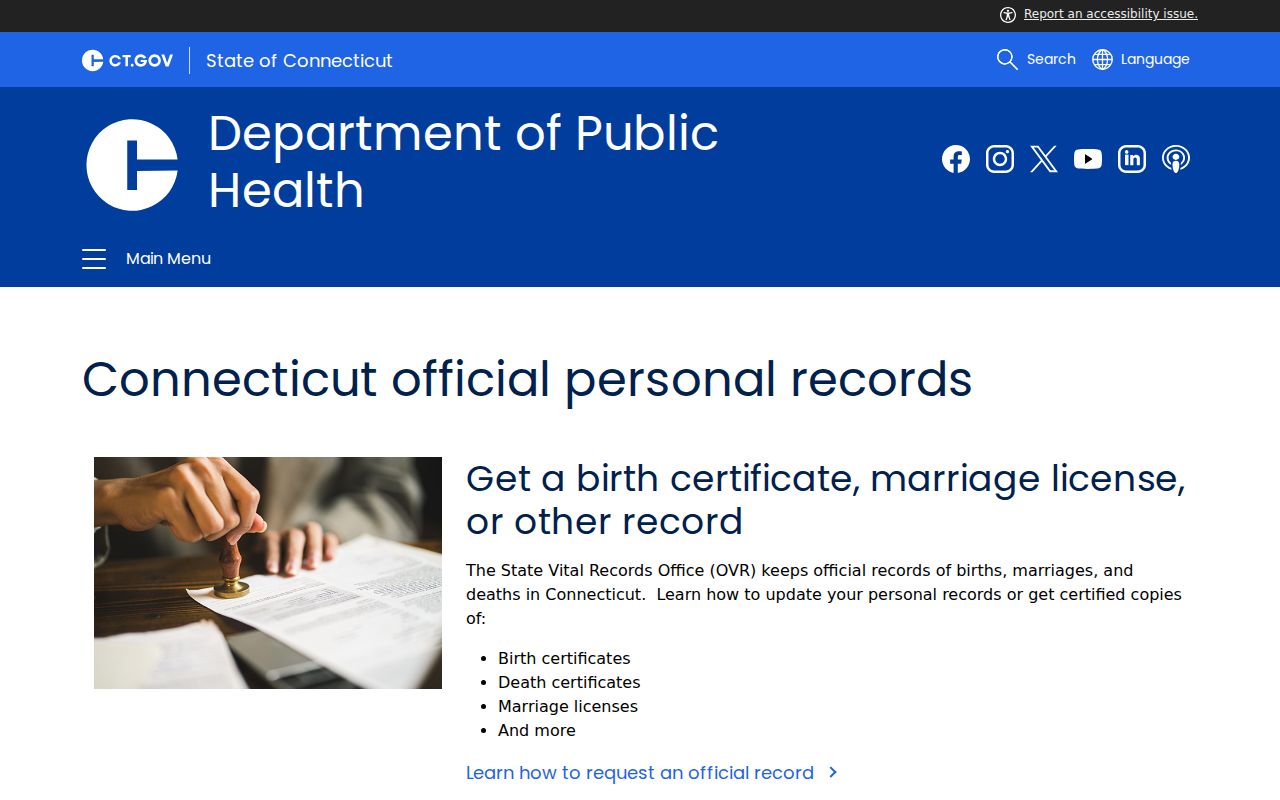 Hartford County residents directory view of Connecticut Department of Public Health vital records