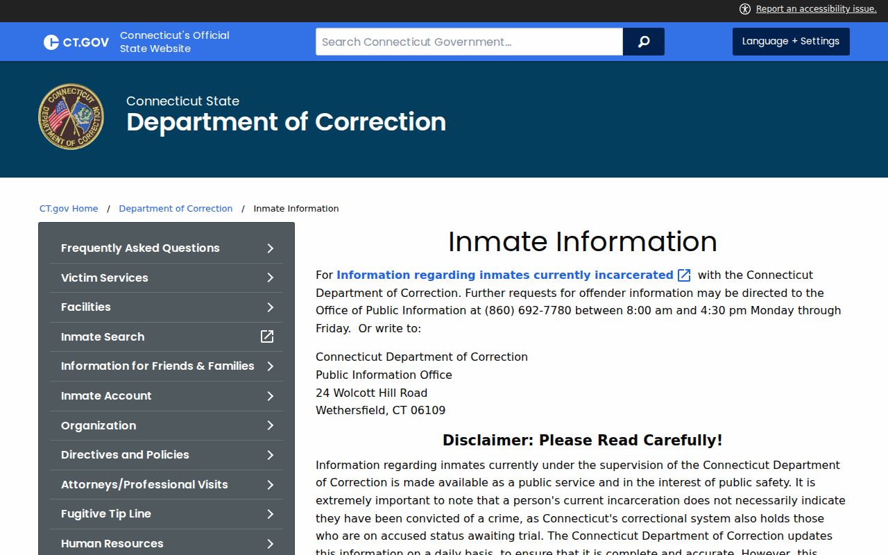 Hartford County residents directory view of Connecticut DOC inmate information