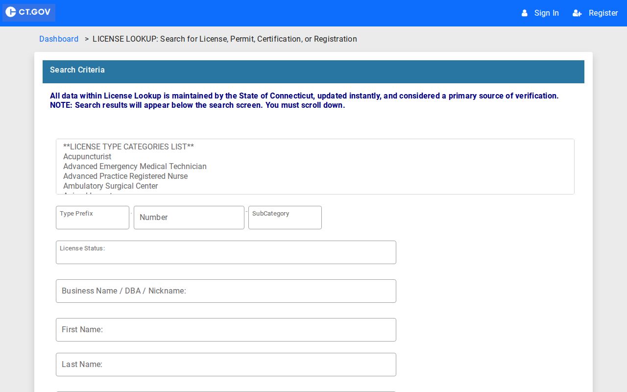 Hartford County residents directory view of Connecticut eLicense credential lookup