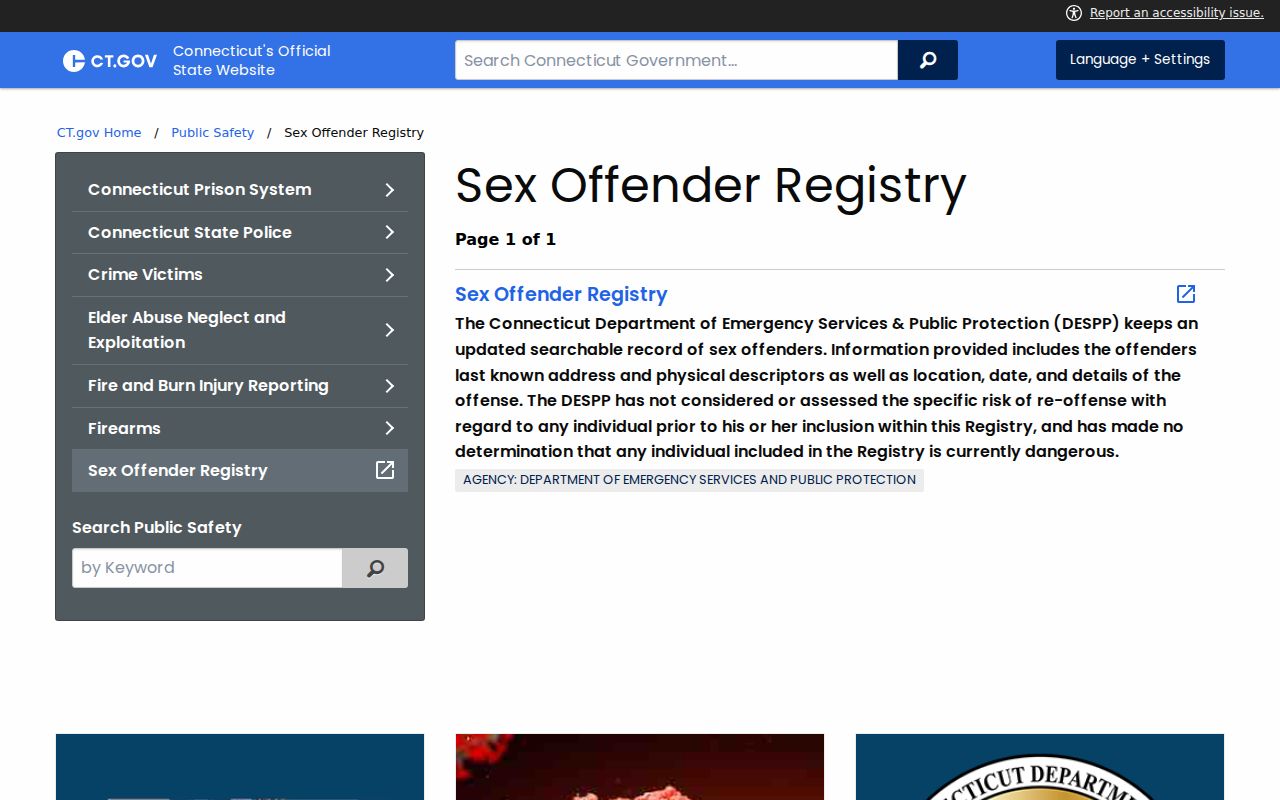 Hartford County residents directory view of Connecticut Sex Offender Registry