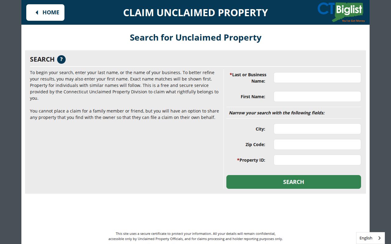 Hartford County residents directory view of Connecticut unclaimed property claim search