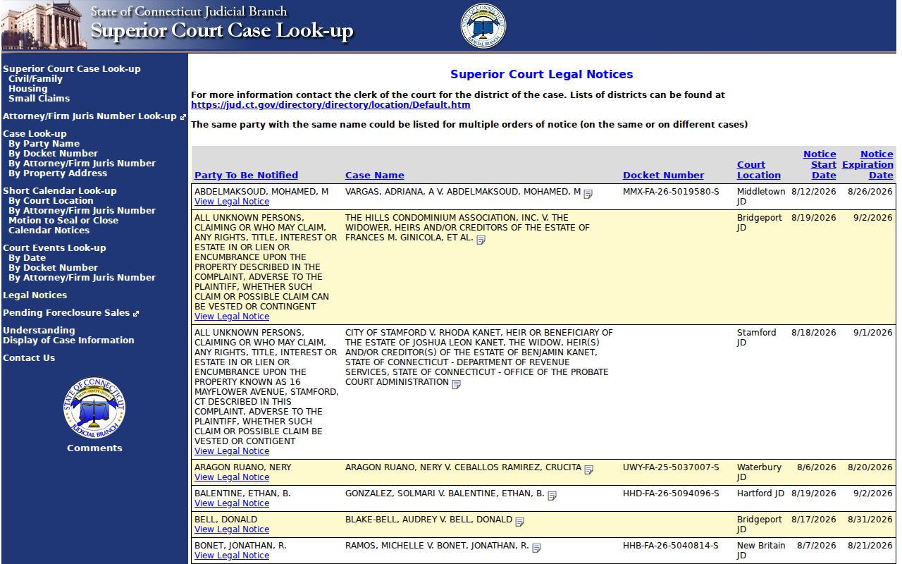 Hartford County resident lookup Connecticut legal notice list