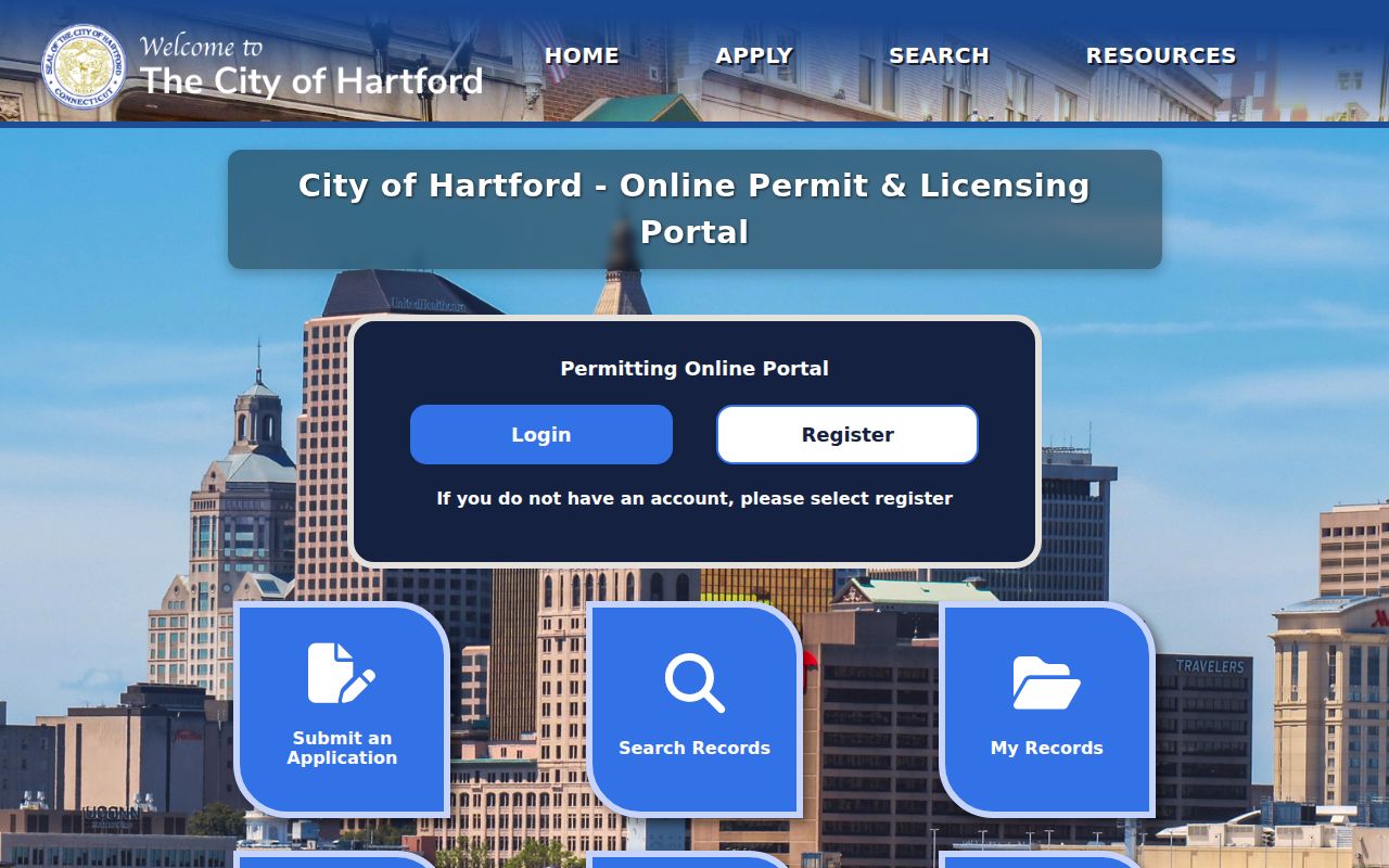 Hartford County ZIP code fields in the Hartford Accela record search